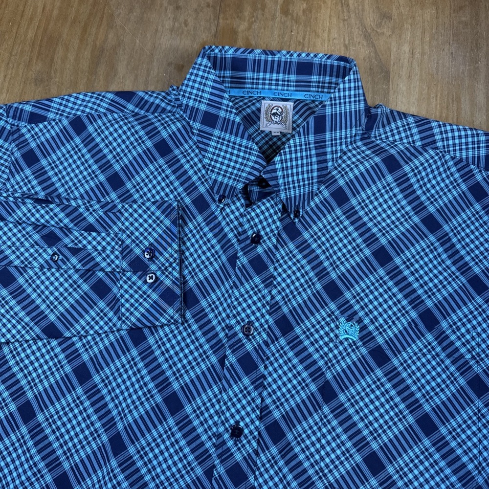 Cinch Western Long Sleeve Button Down Shirt Mens XL Blue Diamond Plaid Cowboy
